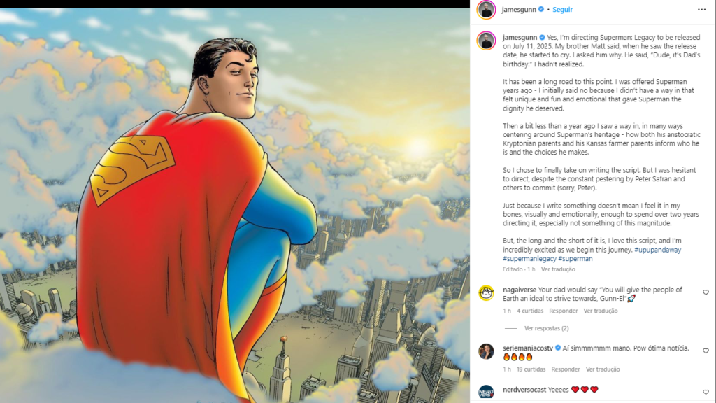 Anúncio de James Gunn sobre Superman: Legacy em suas redes sociais